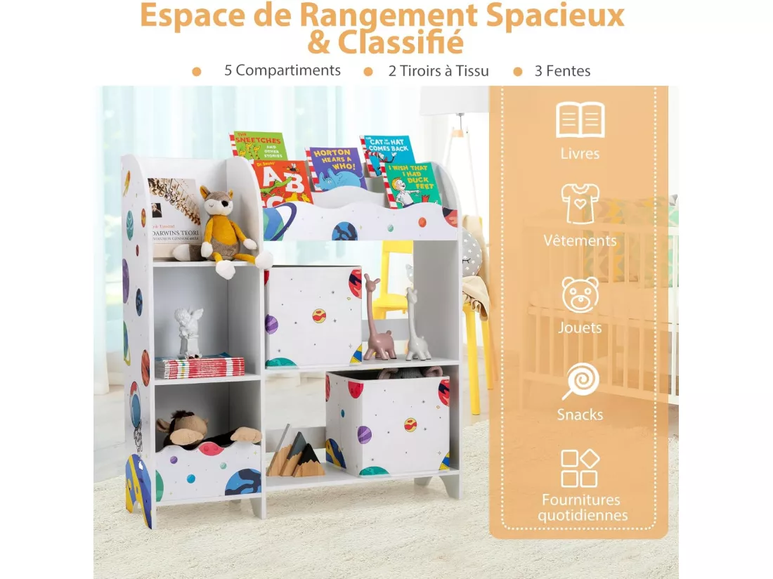 Meuble de rangement jouet enfants avec motif astronaute & 5 compartiments, 93x30x102cm
