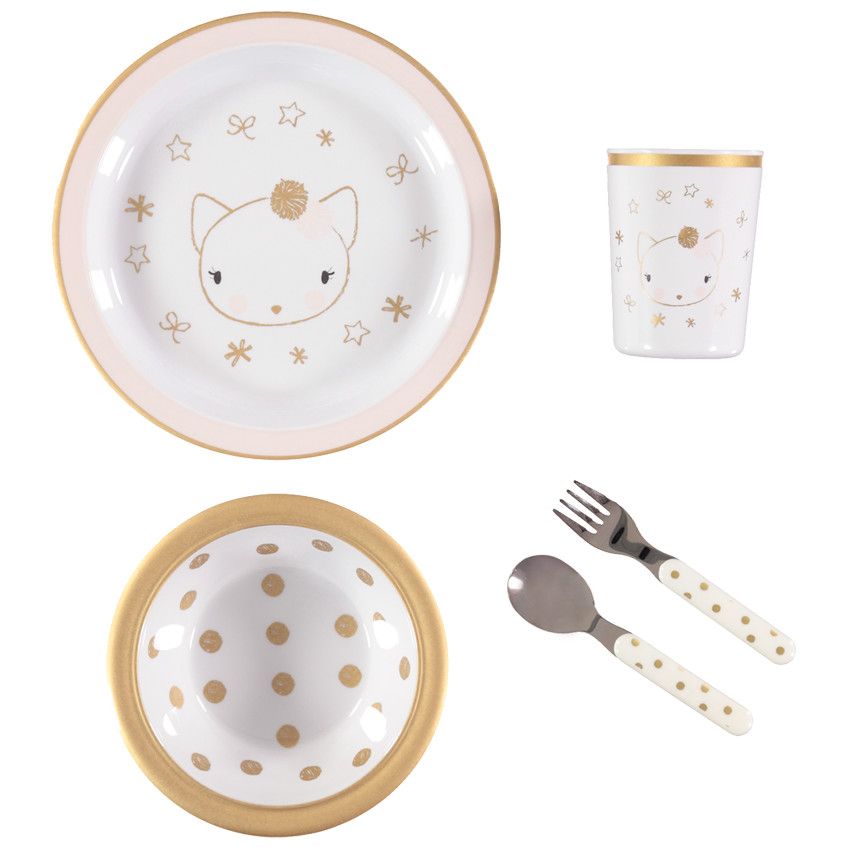 Set repas Nuit Magique en mélamine 5 pcs - Chat - Ecru