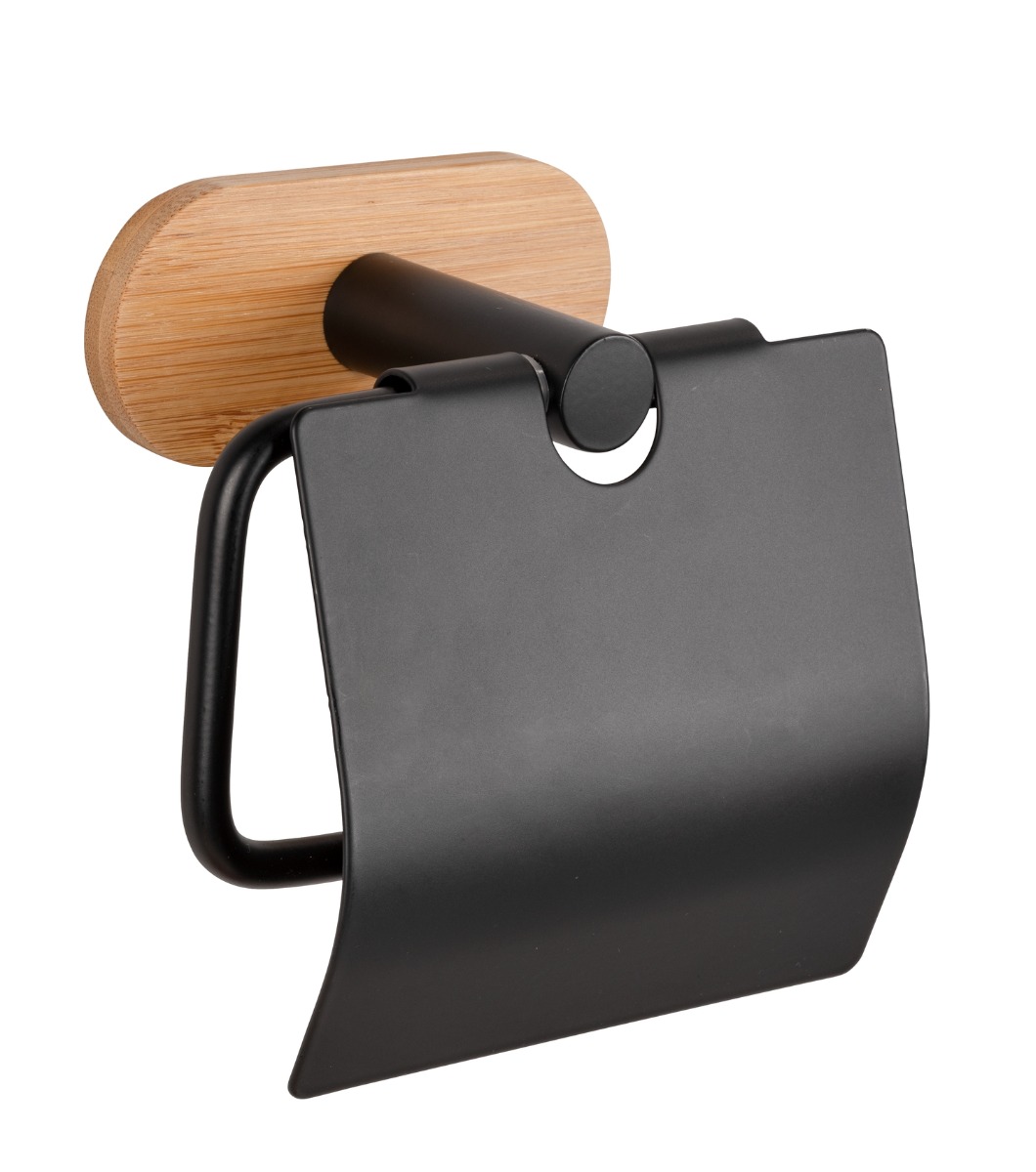 Wenko Orea Turbo-Loc Bamboo toiletrolhouder met klep zwart mat