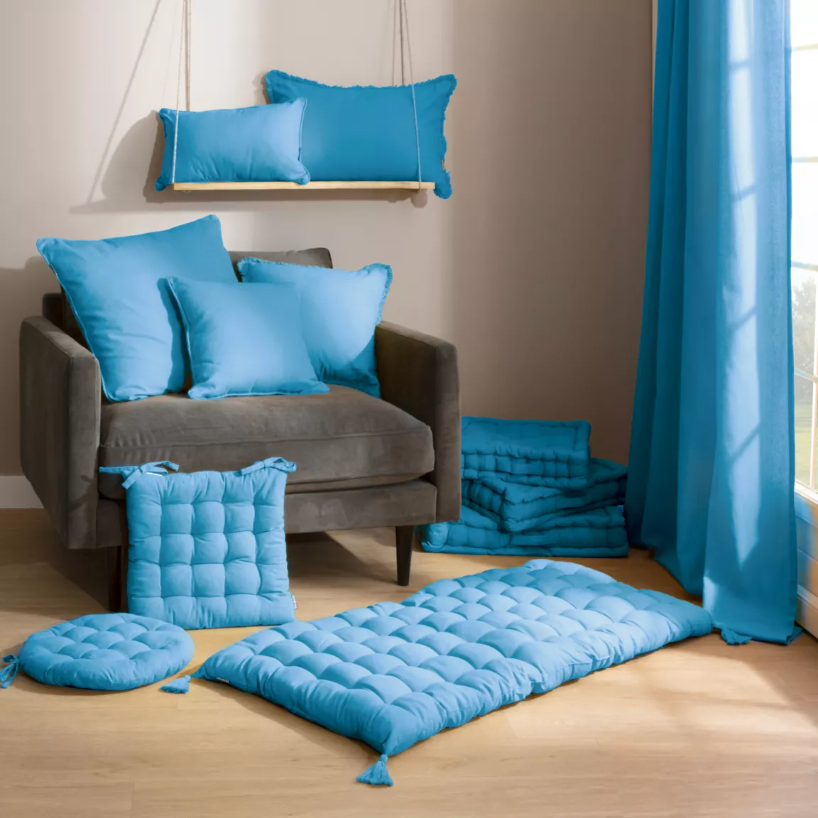 Coussin de chaise rond coton (40 cm) Pixel Bleu turquoise