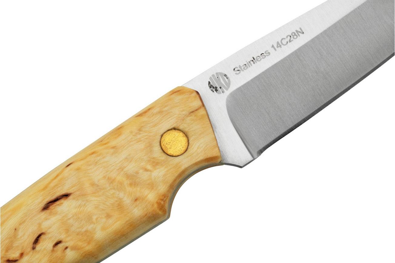 Nordic Knife Design Wharncliffe 80 2080, Curly Birch vaststaand mes