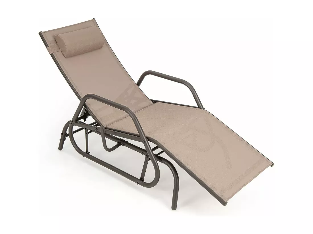Bain de Soleil Design à Glissement à Dossier Réglable 3 Positions, Transat Jardin Extérieur Cadre Métal avec Accoudoirs, Oreiller, Chaise Longue Jardin Extérieur pour Patio Cour Balcon (Brun)