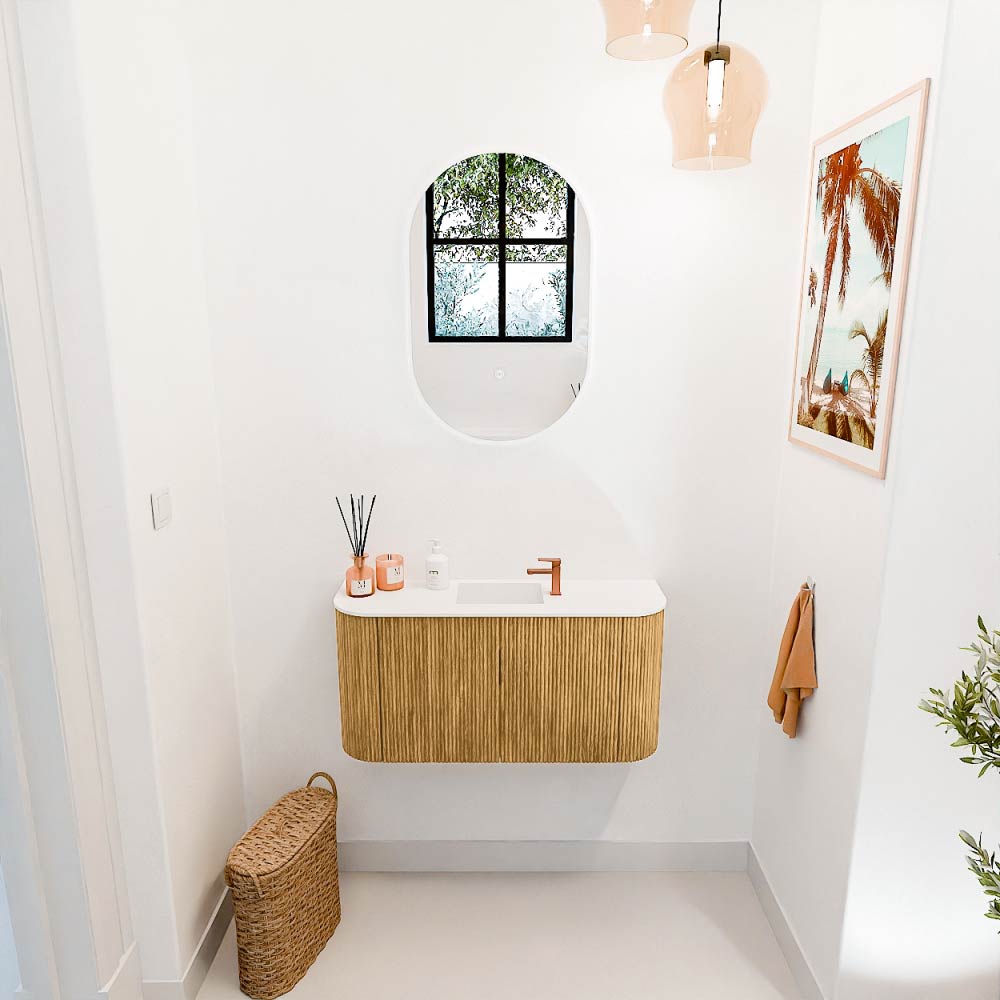 Mondiaz Joya 85cm toiletmeubel ronding links/rechts oak met wastafel faye midden 1 kraangat talc