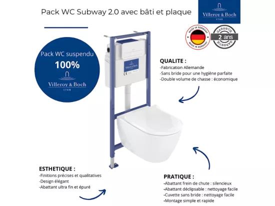 Pack WC sans bride VILLEROY ET BOCH Subway 2.0 avec abattant frein de chute + bâti Viconnect PRO + plaque blanche