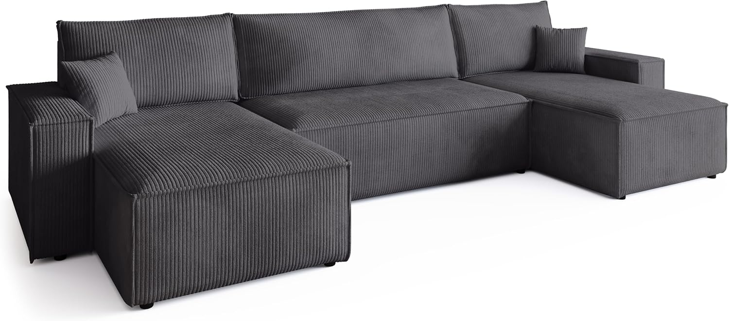 BROMARKT Ecksofa mit Schlaffunktion Cord Grau Wohnlandschaft u Form Big Sofa Schlafsofa mit Bettkasten Schlafcouch Wohnzimmer Couch 5 sitzer 312x143x85 cm ADI