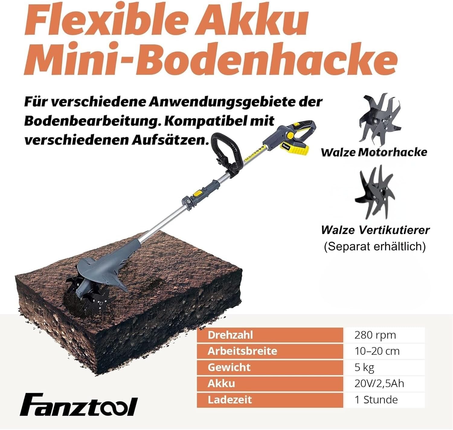 FANZTOOL mini Motorhacke Akku 20V inkl. 2.5Ah Akku & Ladegerät, Gartenfräse mit 20cm Arbeitsbreite,15 cm Arbeitstiefe Bodenhacke für klein Beet & Garten
