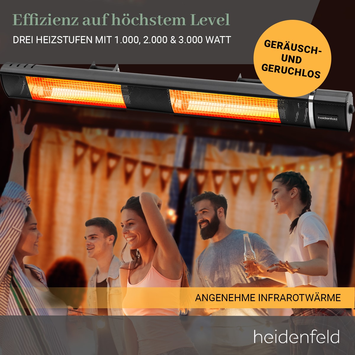 Heidenfeld Infrarot-Heizstrahler IH110, 1000-3000 Watt, Fernbedienung, Schutzhülle, 180° neigbar