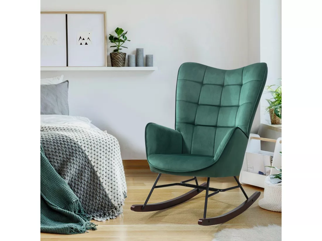MEUBLES COSY FUNKEL Fabric Grey Rock Fauteuil à Bascule Allaitement Rétro Chaise Loisir et Repos en Velours avec Pieds en E' Bois Métal pour Salon, Chambre, Massif, Vert, 66x84x97cm