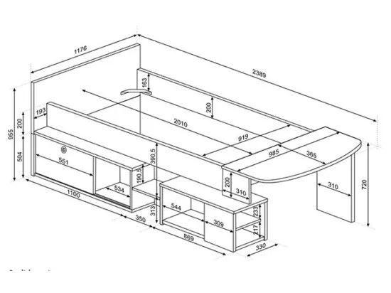 Lit combiné 90 x 200 cm avec bureau et rangements - Blanc et naturel + Sommier - PALOMA