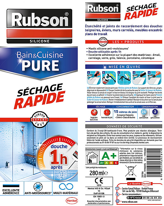 Mastic Rubson Bain&Cuisine Séchage Rapide transparent cartouche 280ml