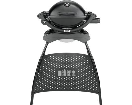 Weber Q 1200 Stand Black Gasbarbecue, 1 roestvrijstalen brander, 2,49 kW, grilloppervlak van 43 x 32 cm, gietijzeren grillrooster, deksel en behuizing van gegoten aluminium, inclusief standaard, geïntegreerde thermometer, elektronische ontsteking, ve
