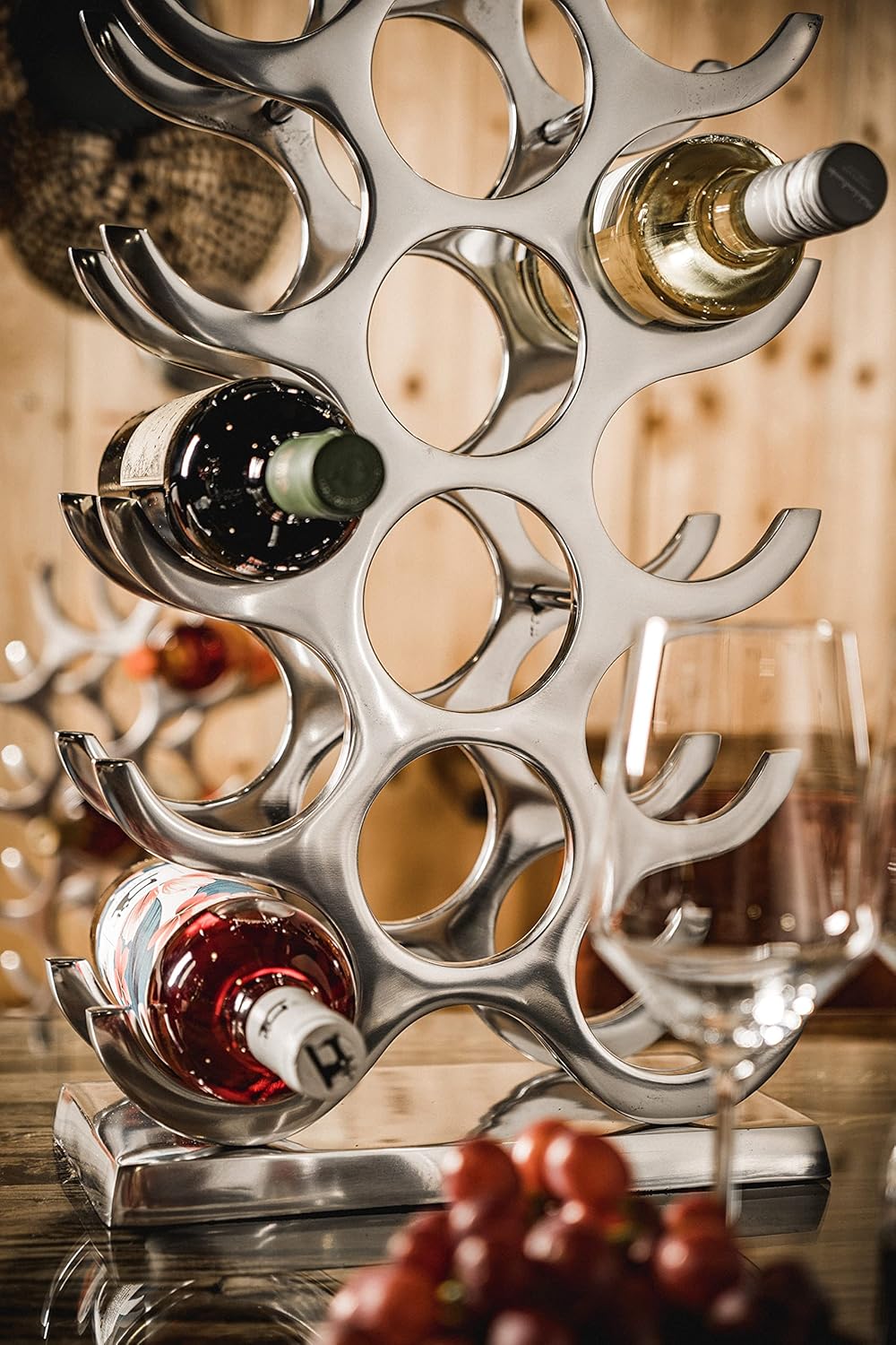 MichaelNoll Weinregal Flaschenregal Flasche Aluminium Silber Luxus - Weinständer, Regal Modern aus Metall - Flaschenhalter/Flaschenständer für Flaschen Sekt, Wein und Champagner - 60 cm XL