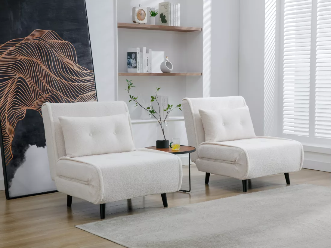 Fauteuil convertible en tissu bouclette ivoire URIBIA
