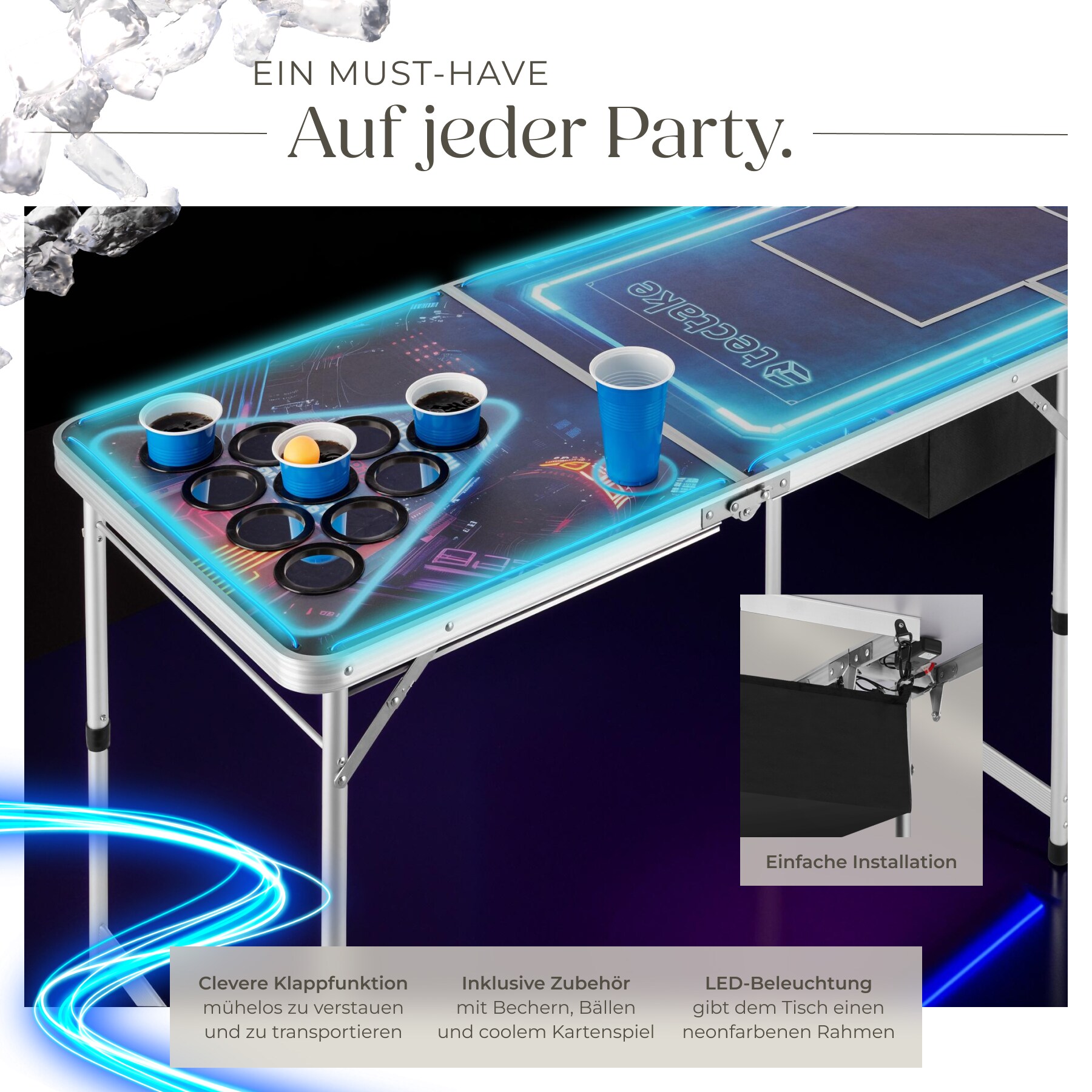 tectake® Bierpongtisch, aus Aluminium, mit Eisfach, Becherlöchern, LED-Beleuchtung, bodenschonende Kunststofffüße, inklusive 100 Bechern, 6 Bällen und Kartentrinkspiel