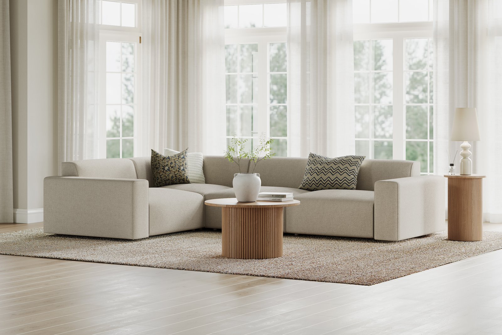 Styl hjørnesofa 1,5/3 hjørnesofa duo puter. Tekstil Brooklyn 14 Latte med sorte ben.