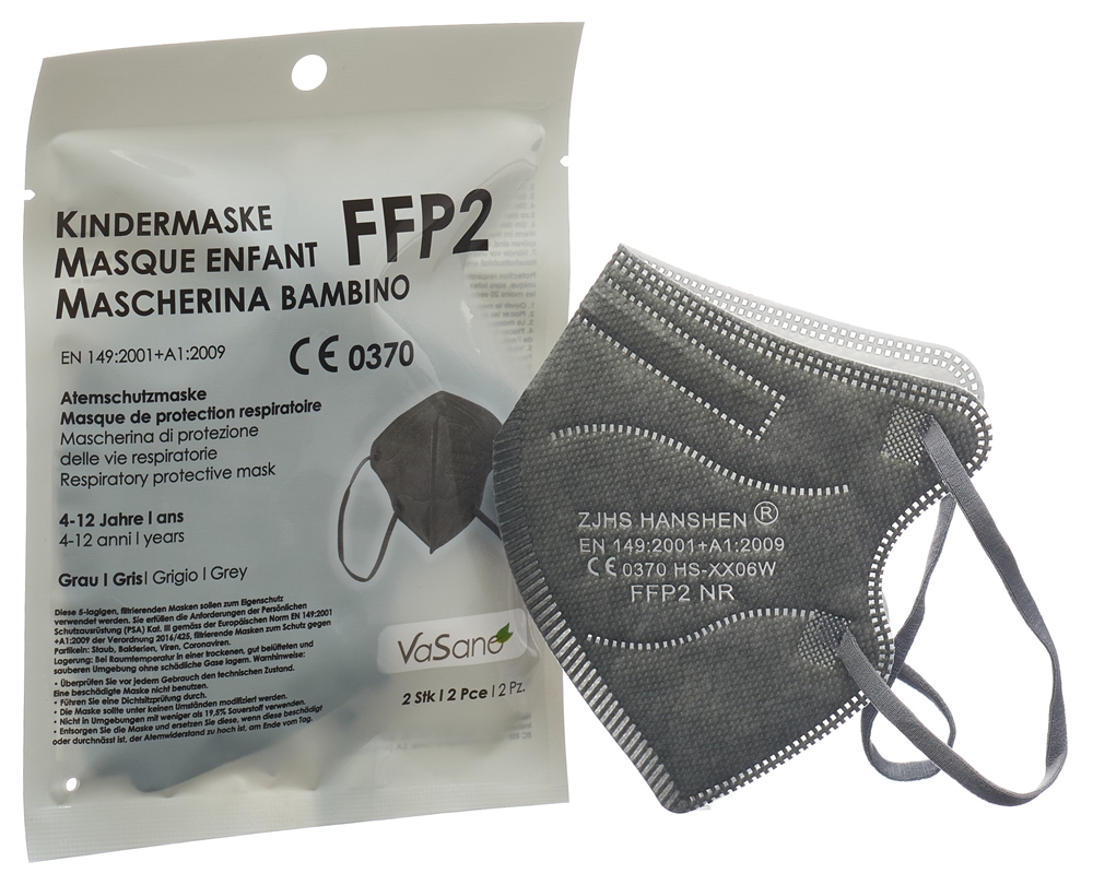 VASANO Maske FFP2<br>2 Stück, Kinder 4-12 Jahre grau deutsch/französisch/italienisch
