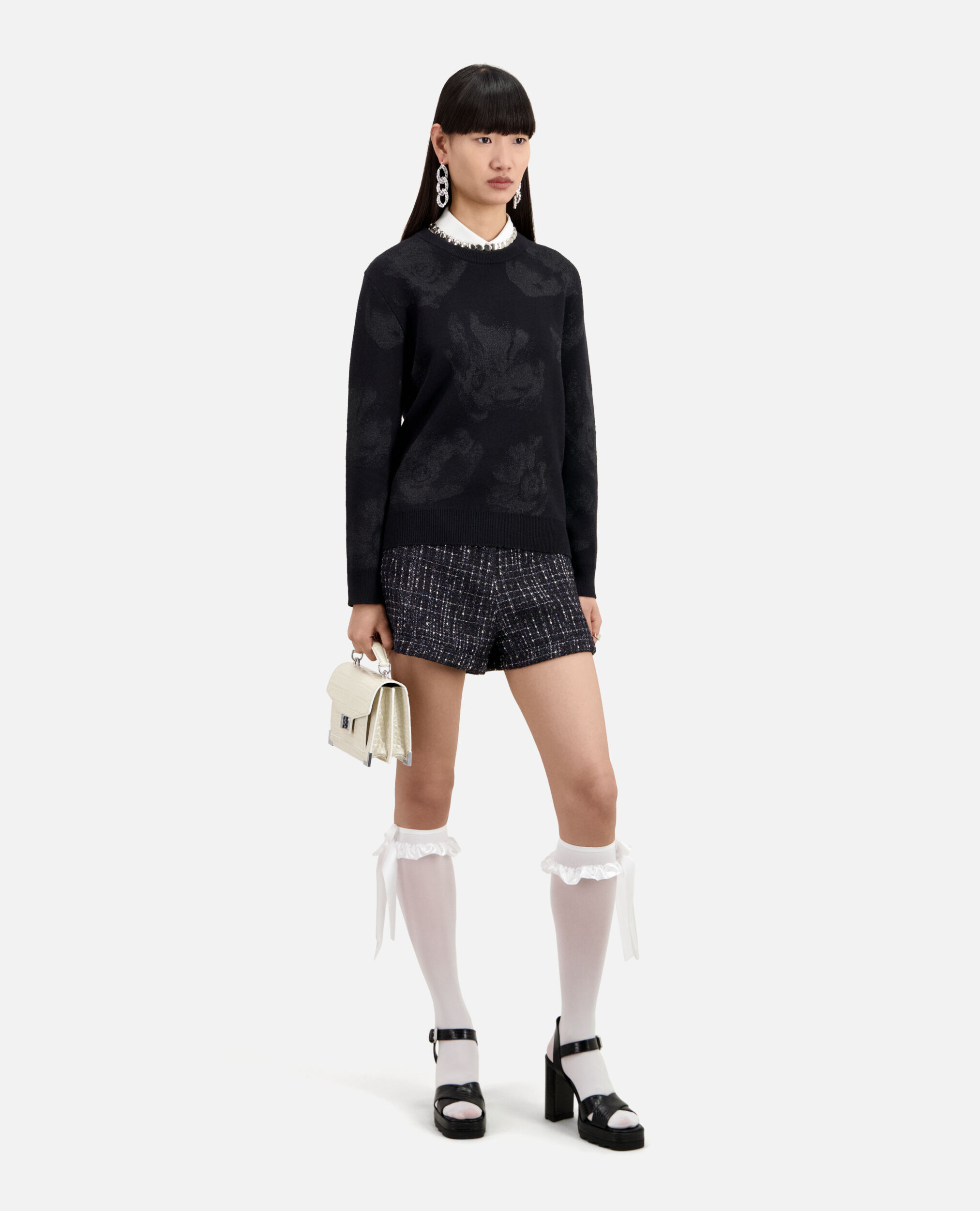 Black wool-blend jumper with silver patterns