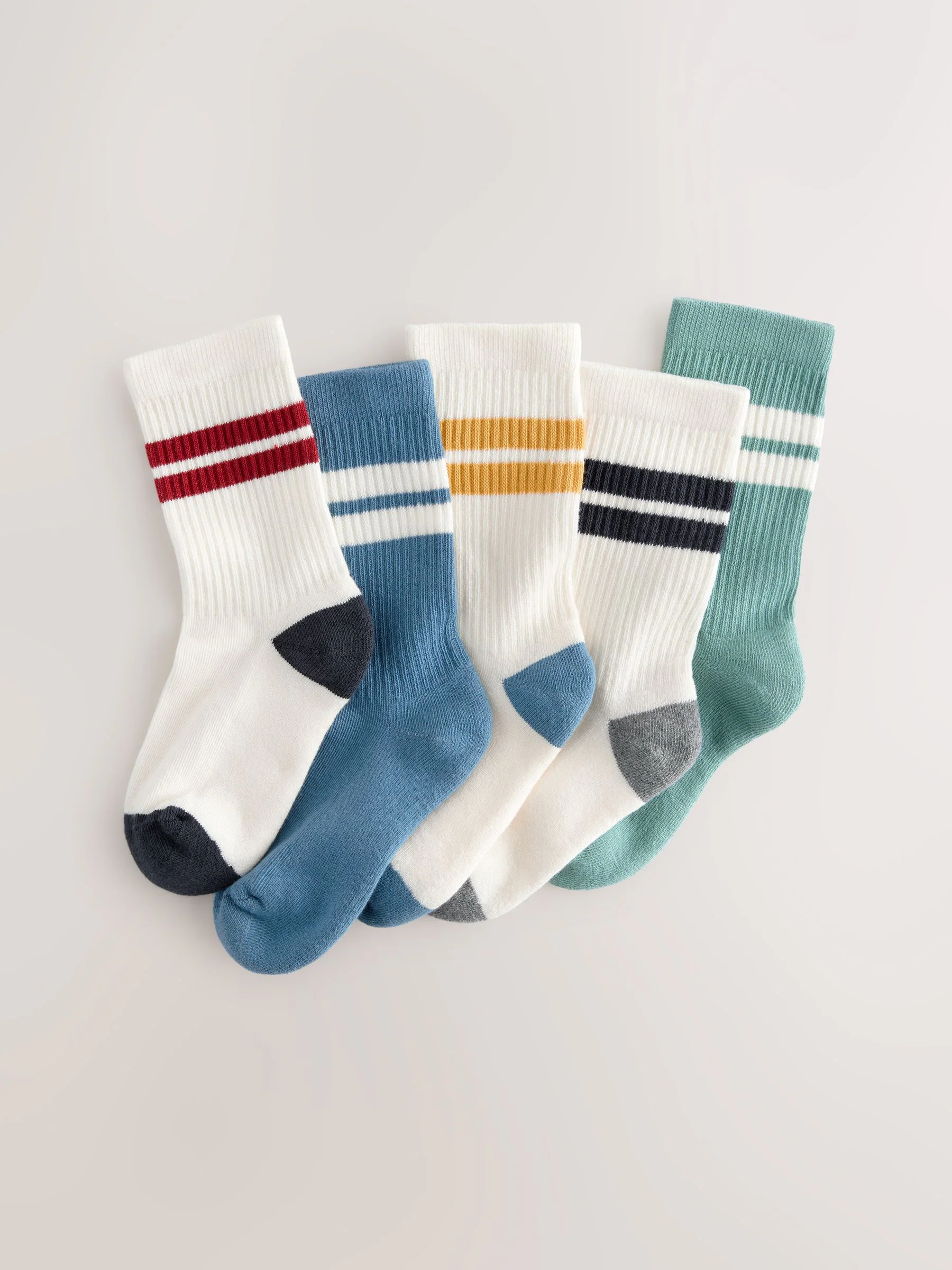 Ecru/Blauw/Mineraal - Set van 5 paar geribbelde sokken met verzacht voetbed, katoengehalte en gekleurde boorden