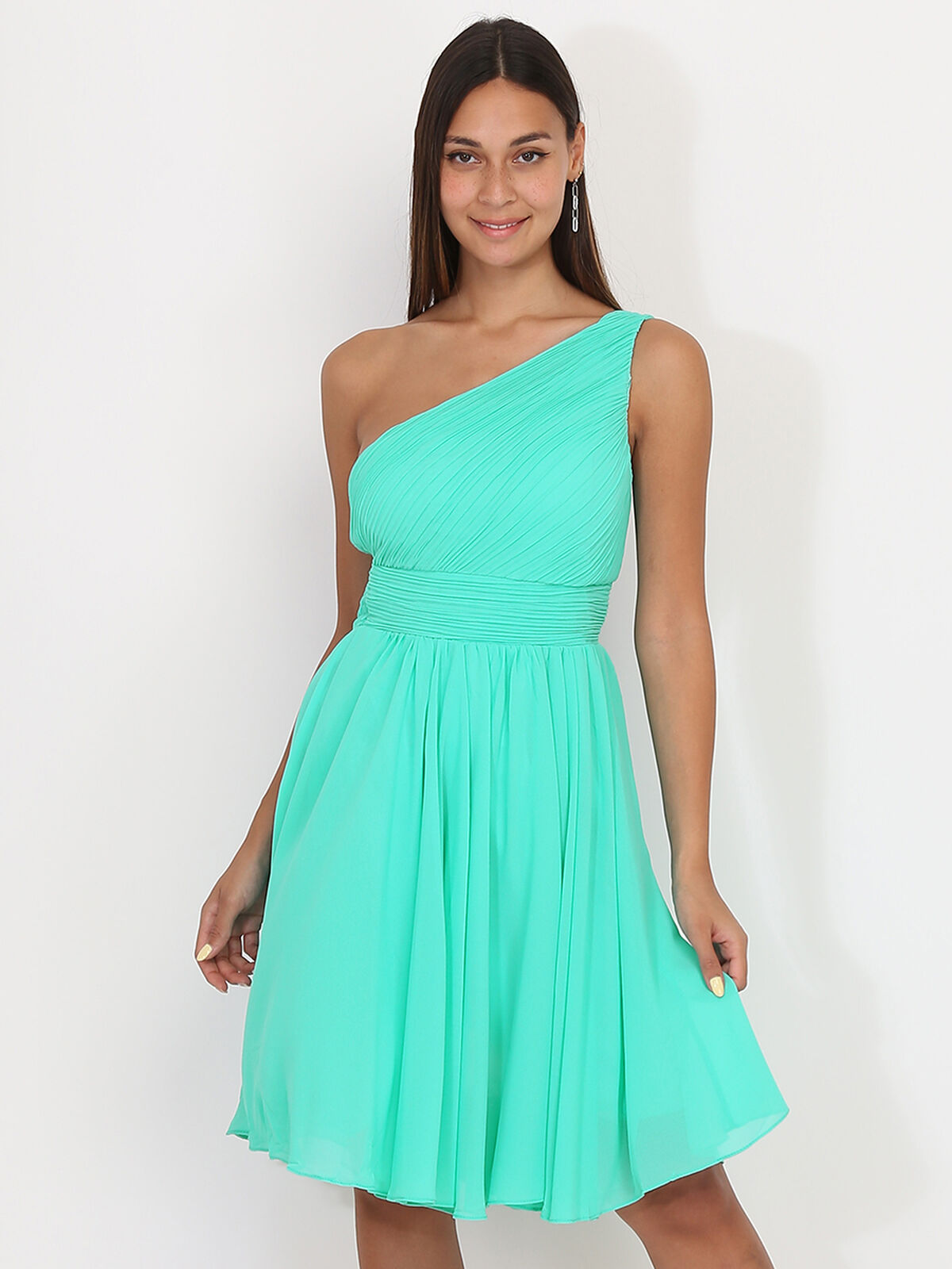 Robe asymétrique drapée- Turquoise