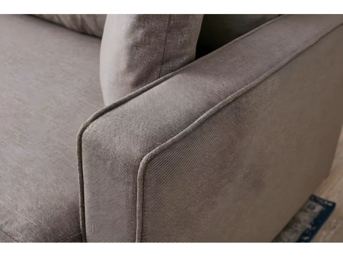 Canapé d'angle à droite convertible avec pouf-coffre Evania Tissu Taupe
