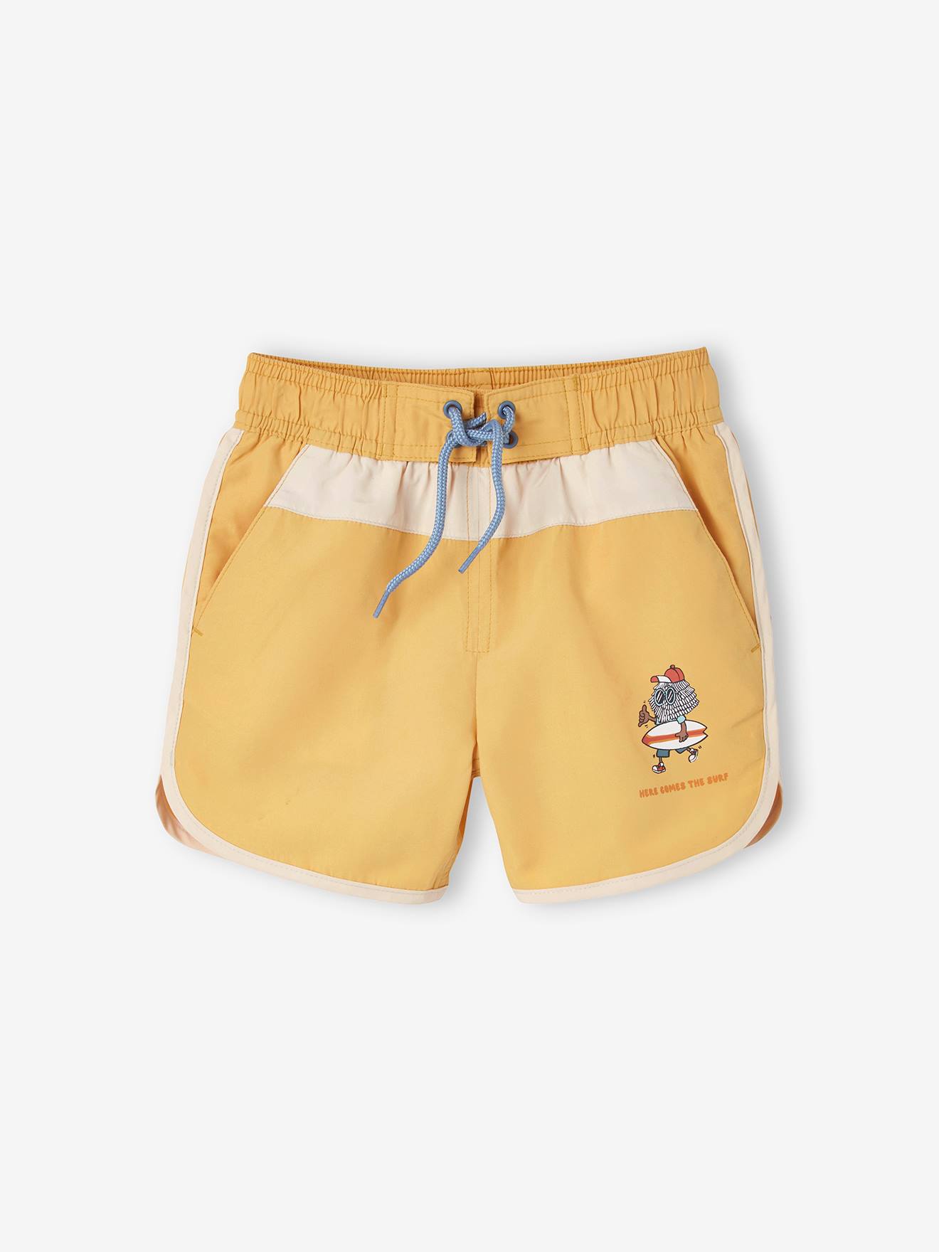 Calção de banho infantil bicolor com estampa de surf, amarelo claro liso.