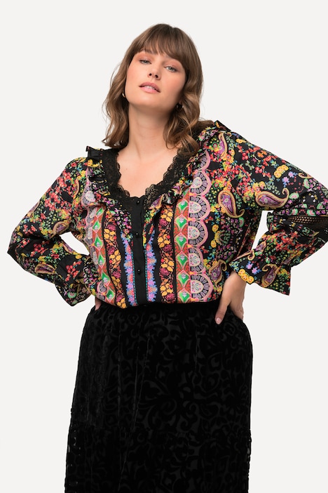 Bluse, Spitze, Rüschen, V-Ausschnitt, Langarm