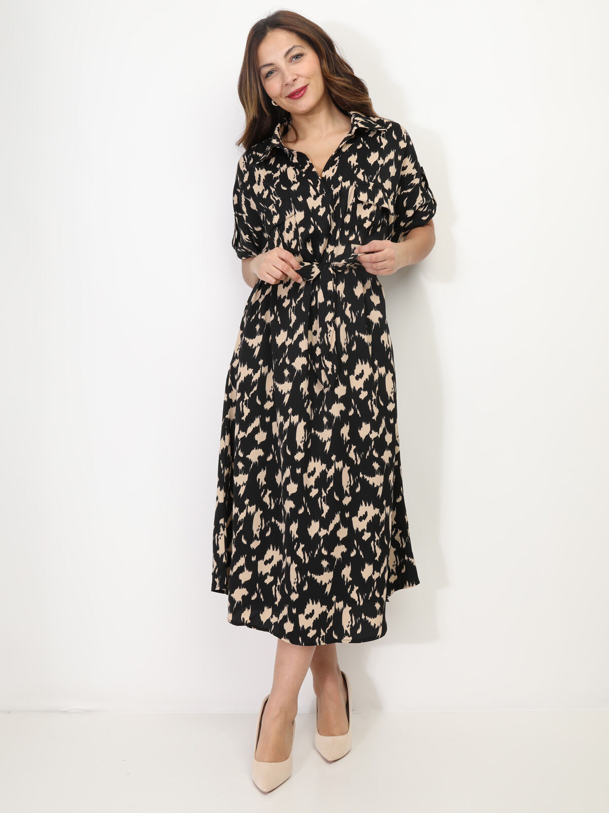 Robe saharienne mi-longue à motif abstrait- Noir