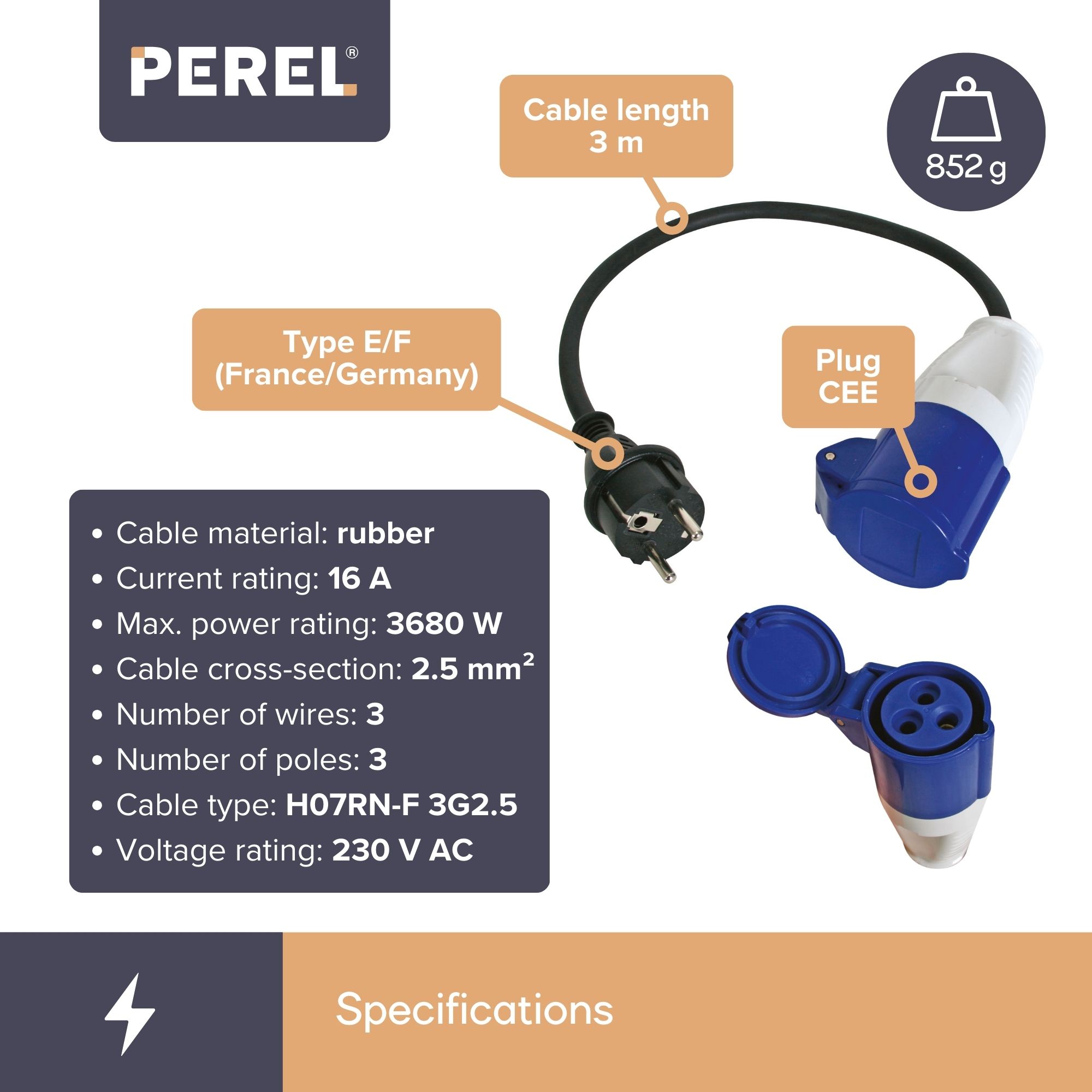 Perel CEE verloopkabel - 3 meter