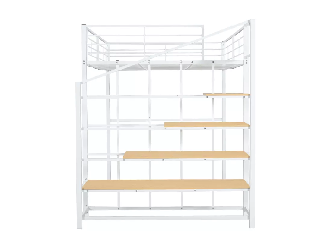 Lit mezzanine 140 x 200 cm avec grand escalier - Métal + Contreplaqué + MDF - Sommier à lattes - Blanc