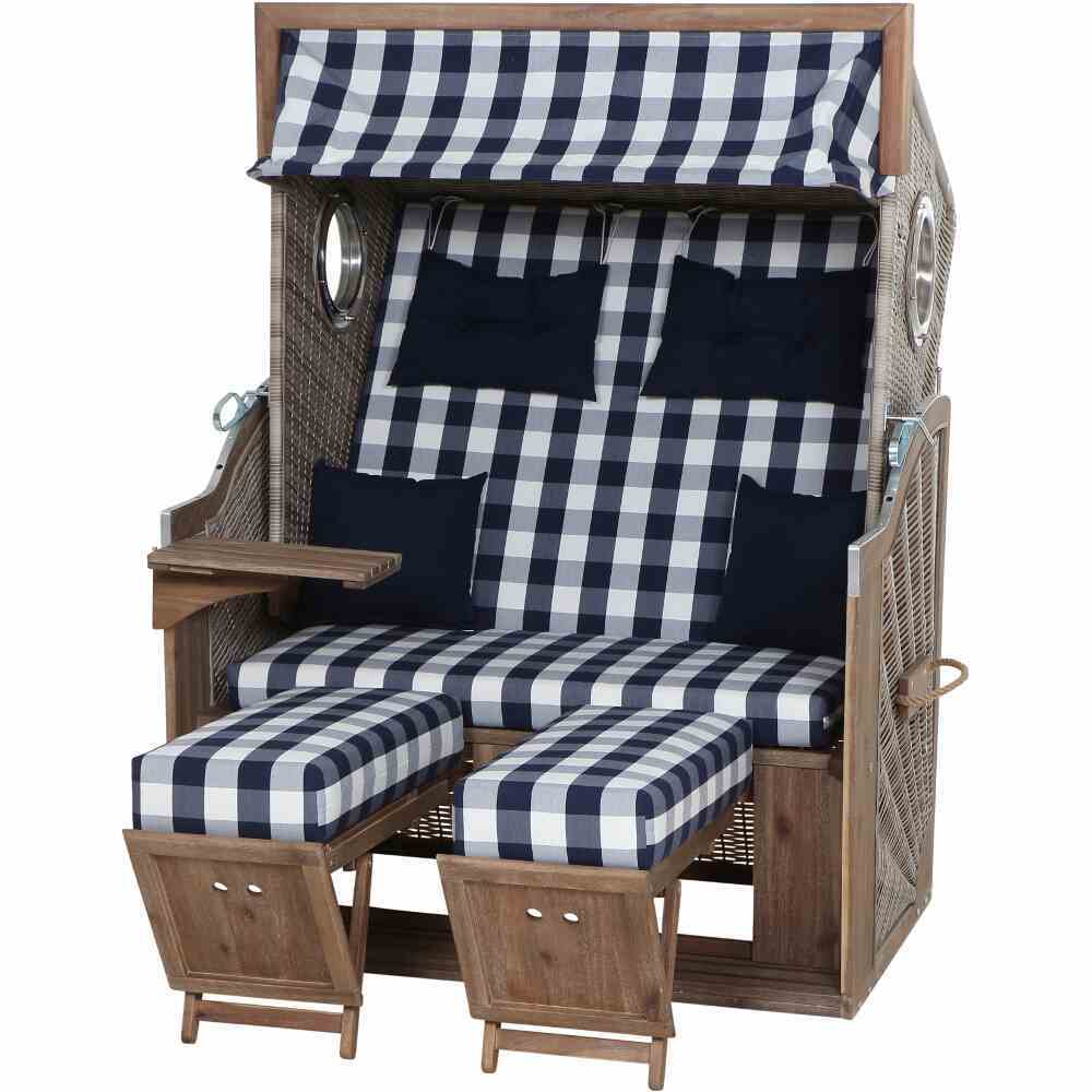 Strandkorb PURE GREENLINE 135 - Akazienholz massiv - blau-weiß kariert
