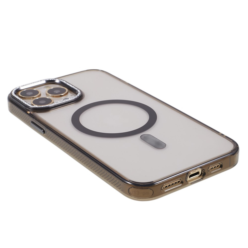iPhone 14 Pro Max MagSafe Gummi Case Hülle mit Glitzer Aluminium Kameraschutz - Schwarz / Transparent