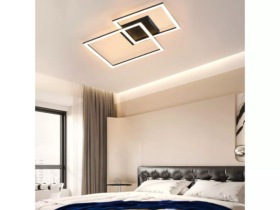 NETTLIFE Plafonnier LED 3000K-6500K, 54W Lampe de Cuisine à Intensité Variable Noir Design Moderne Carrés avec Télécommande pour Chambre Cuisine