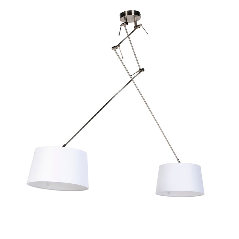 Hanglamp staal met linnen kappen wit 35 cm 2-lichts - Blitz