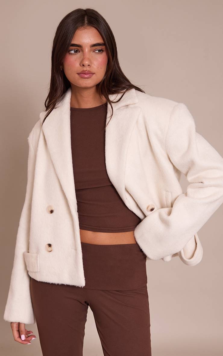 Crème Manteau Trench Court En Laine Brossée