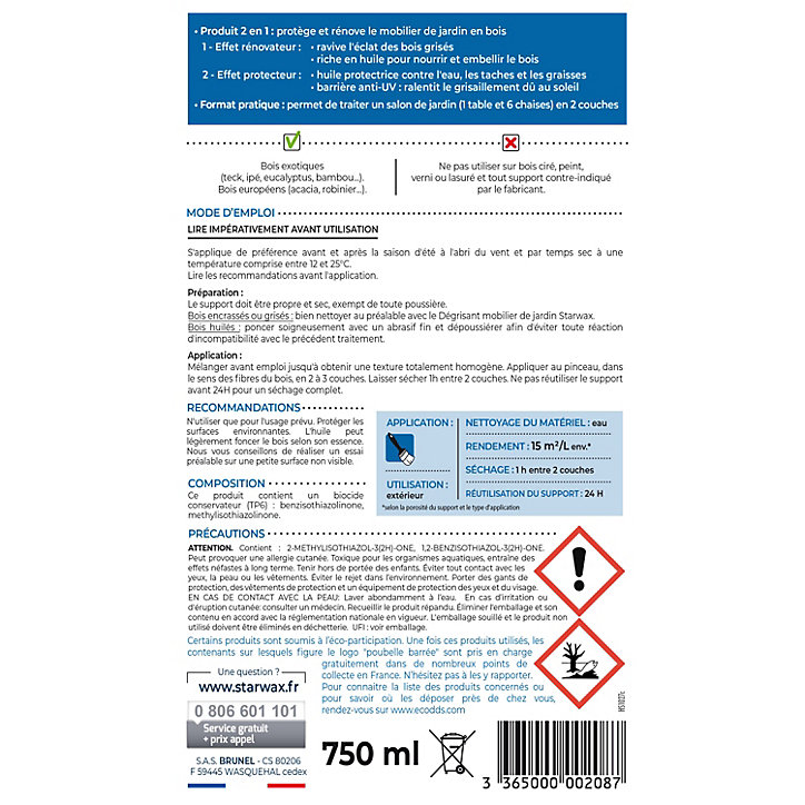 Huile extérieure de rénovation teck Starwax 750ML