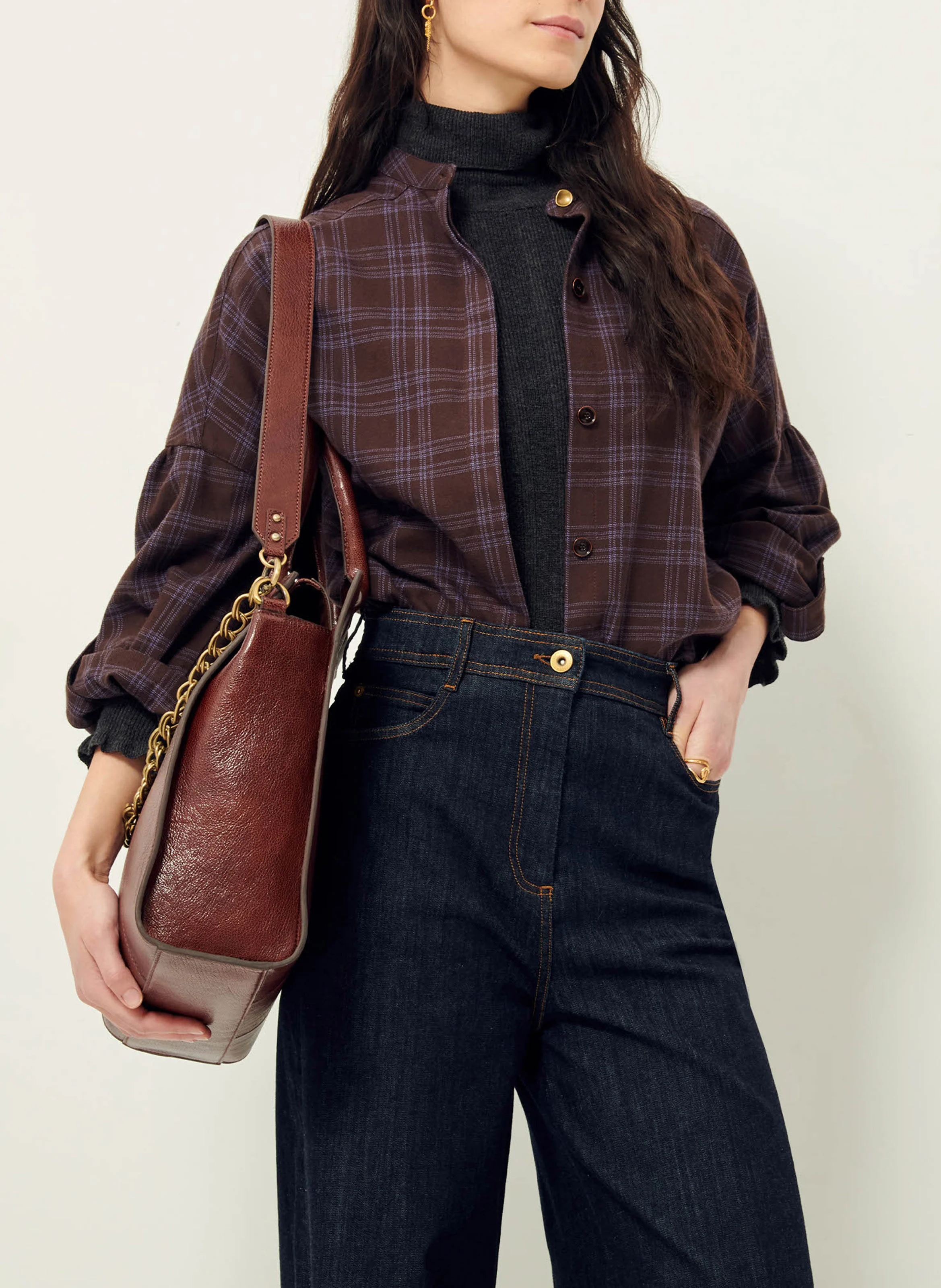 COLOMBELLA - Chemise col rond à carreaux en coton | Marron