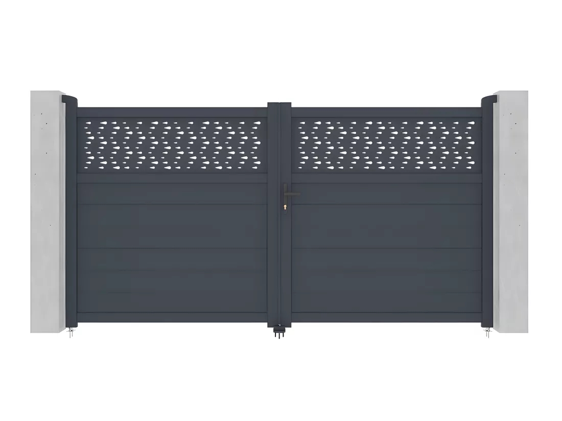Portail électrique battant aluminium semi plein à motifs L305 x H166 cm anthracite - BAZIO