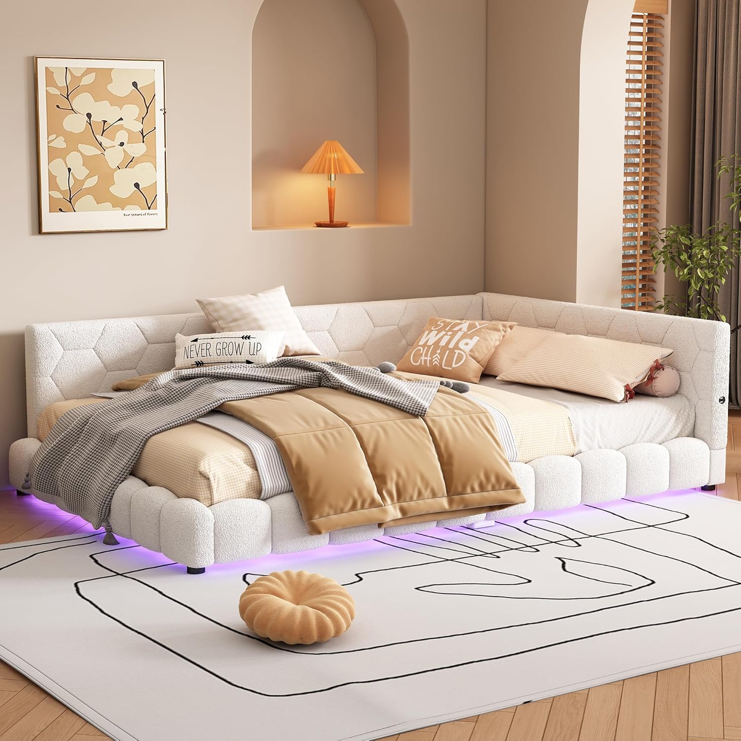 Merax 140x200cm Schlafsofa mit 16 Farben Umgebungslicht, USB-Anschluss - Weiß (ohne Matratze)
