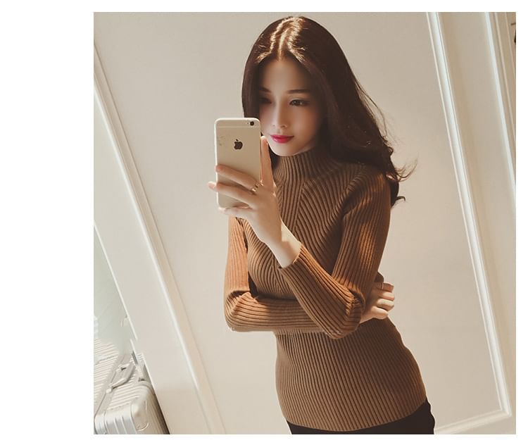 hollybunbur - Mock Neck Effen Geribbelde Trui