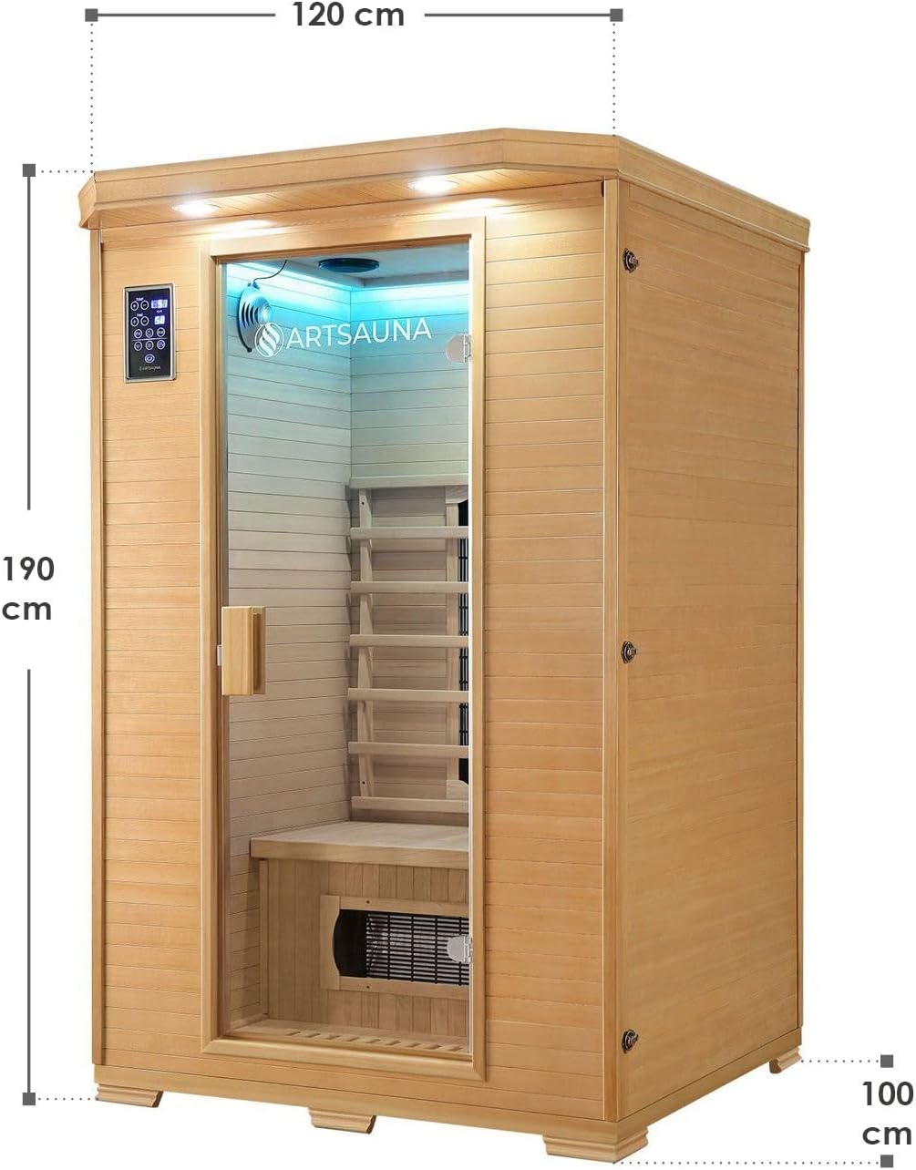 Artsauna Infrarotkabine Oslo - Wärmekabine mit Keramikstrahler & LED-Farblichttherapie für 2 Personen - Infrarotsauna 120x100 cm aus Hemlockholz