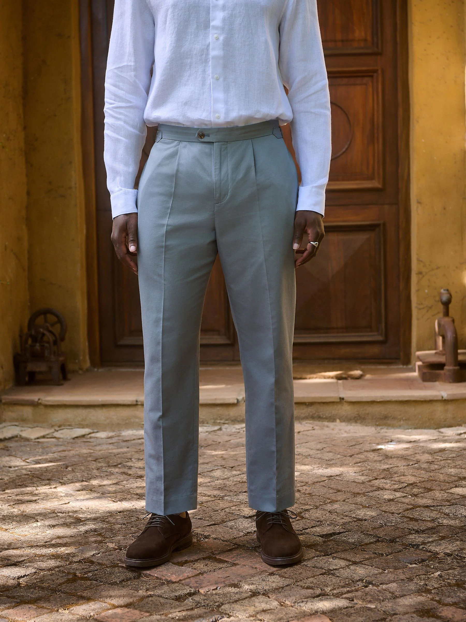 Blauw - Slim-fit katoenen mix Broeken met verstelbare zijkanten, linnen en lyocell.