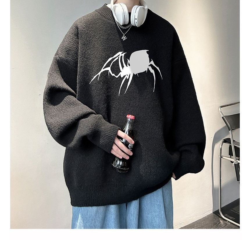POSI - Oversized trui met ronde hals en spinnenprint