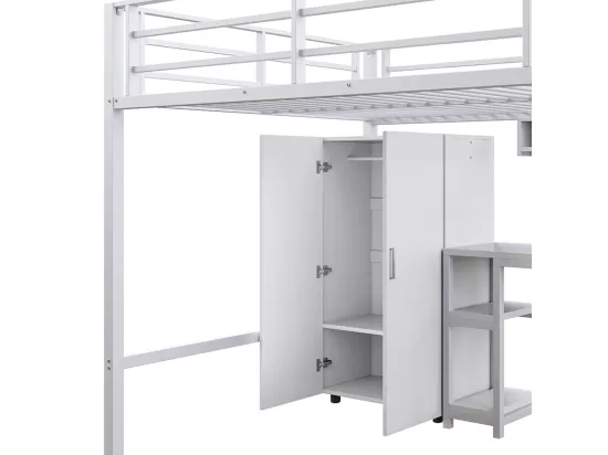 Lit en mezzanine 140*200 cm, armoire, étagères, échelle de rangement, bureau, sans matelas, blanc