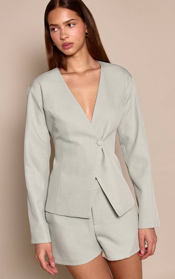 Vert Sauge Blazer Asymétrique Ajusté Avec Taille Cintrée