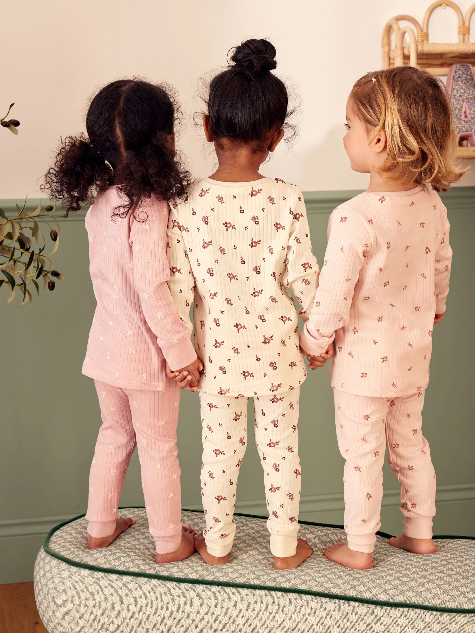 Roze/witte Ditsy - Knusse geribbelde pyjama's 3 verpakking (9mnd-12jr)