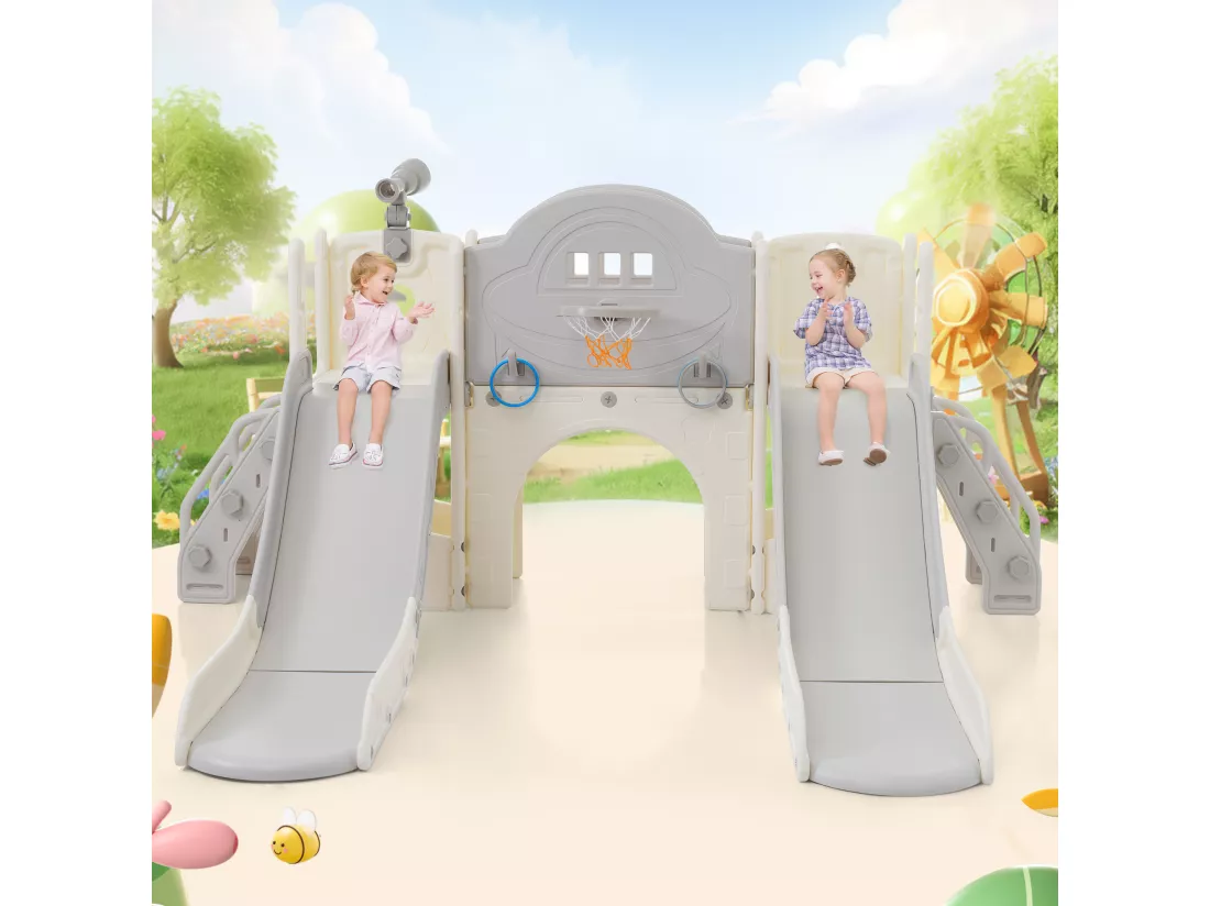 Toboggans double 8 en 1 pour enfants - 200 x 165 x 95cm - en HDPE - avec espace de rangement et panier de basket - gris