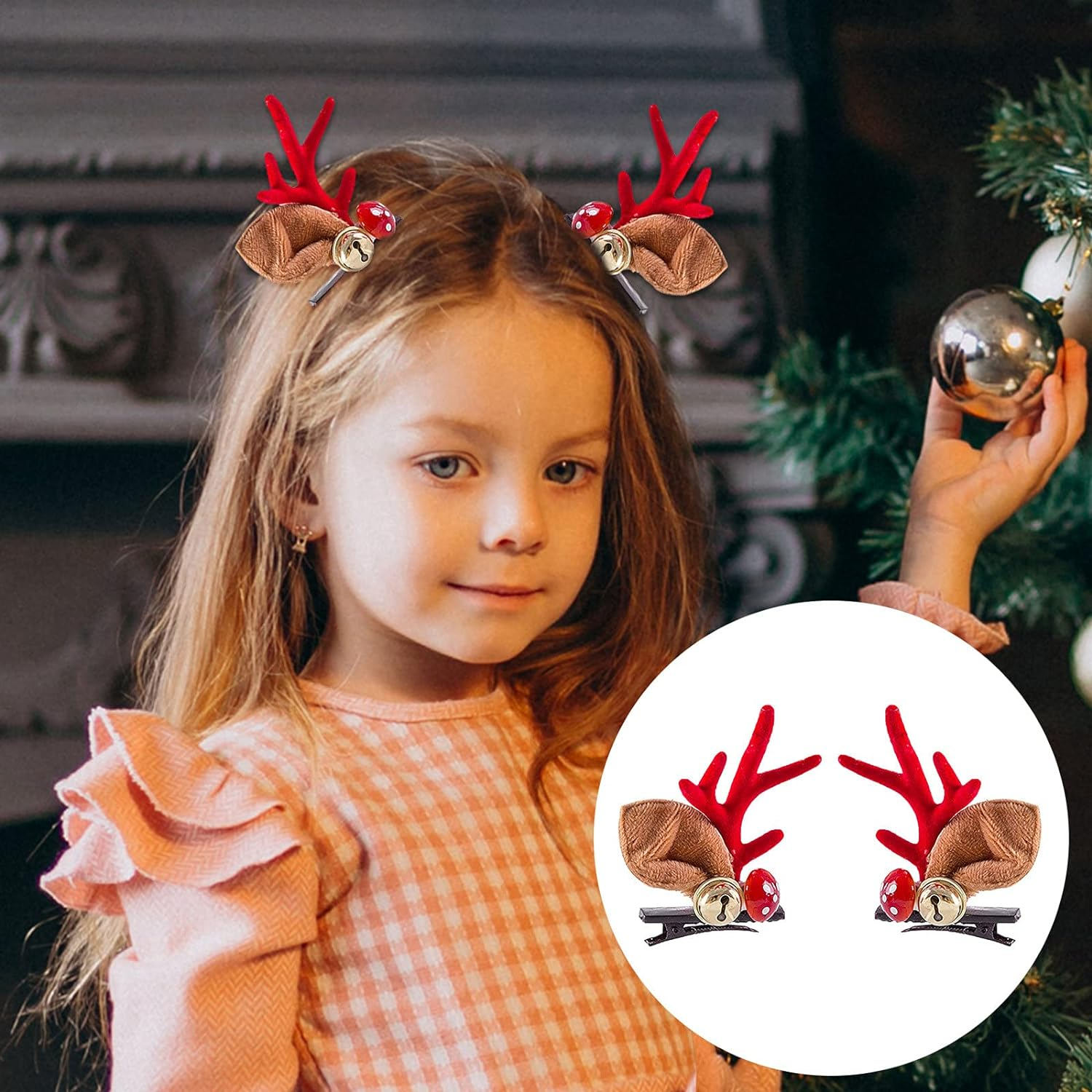 (2 Paar) Christmas Haarklammern Weihnachts Accessoire Rentier Geweih   Glöckchen - Rot / Braun