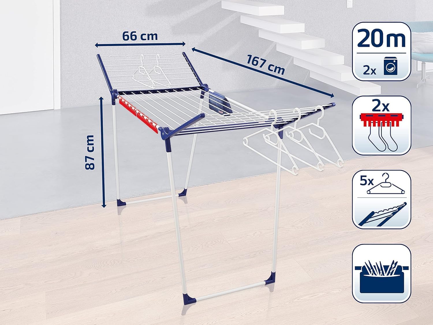 Leifheit Pegasus 200 Solid Comfort vrijstaande droogkast met 20m drooglengte, vleugeldroogkast voor lange kledingstukken, droogrek met strijkstangen