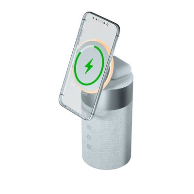 Force Play - Double chargeur sans fil (15W + 5W) Compatible MagSafe + Enceinte Bluetooth Silver