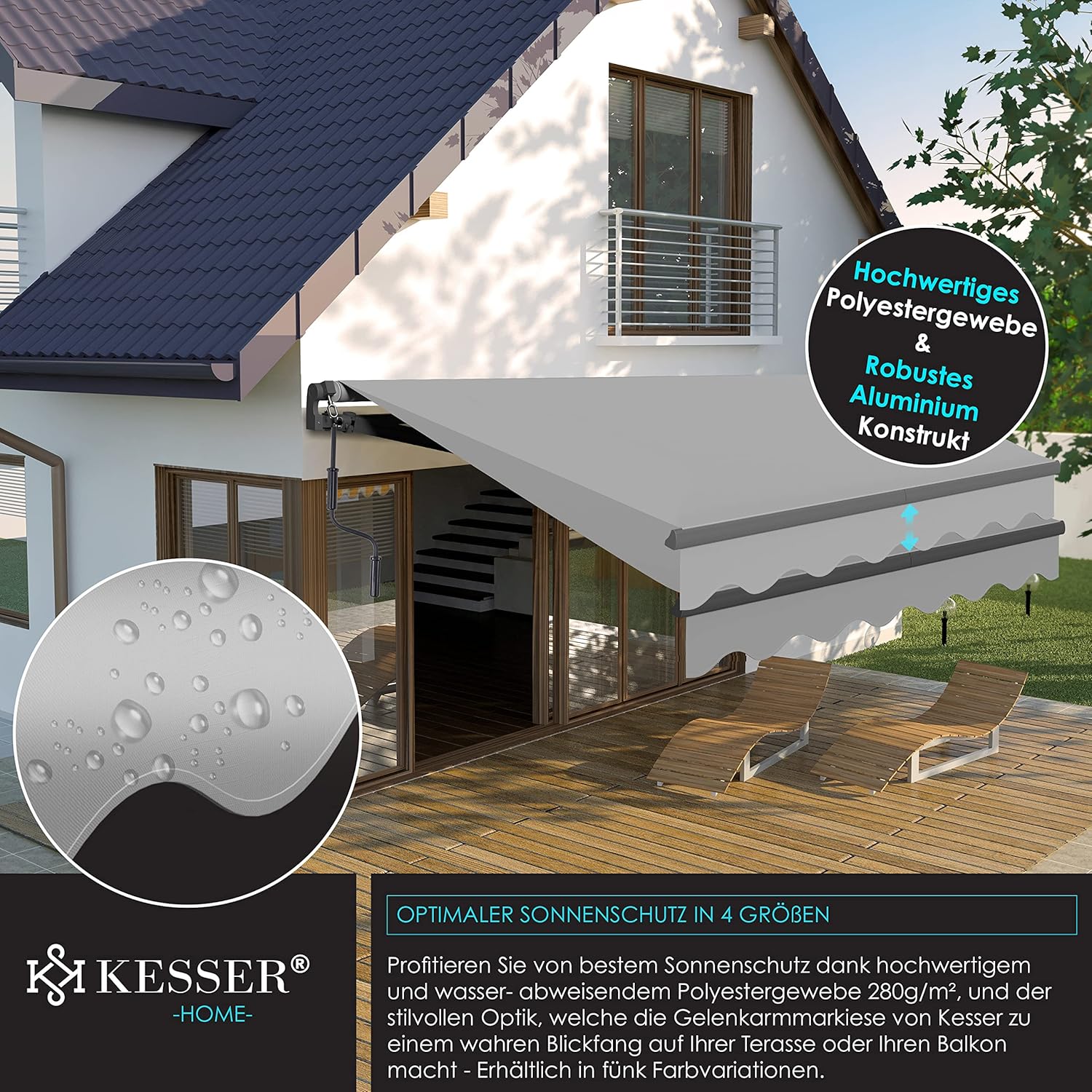 KESSER® Gelenkarmmarkise Markise Gelenkmarkise 300 x 250cm Terrassenmarkise Klemmmarkise Sonnenmarkise inkl. Wandhalterung Sonnenschutz Balkonmarkise wasserabweisend Alu/Polyester, Grau